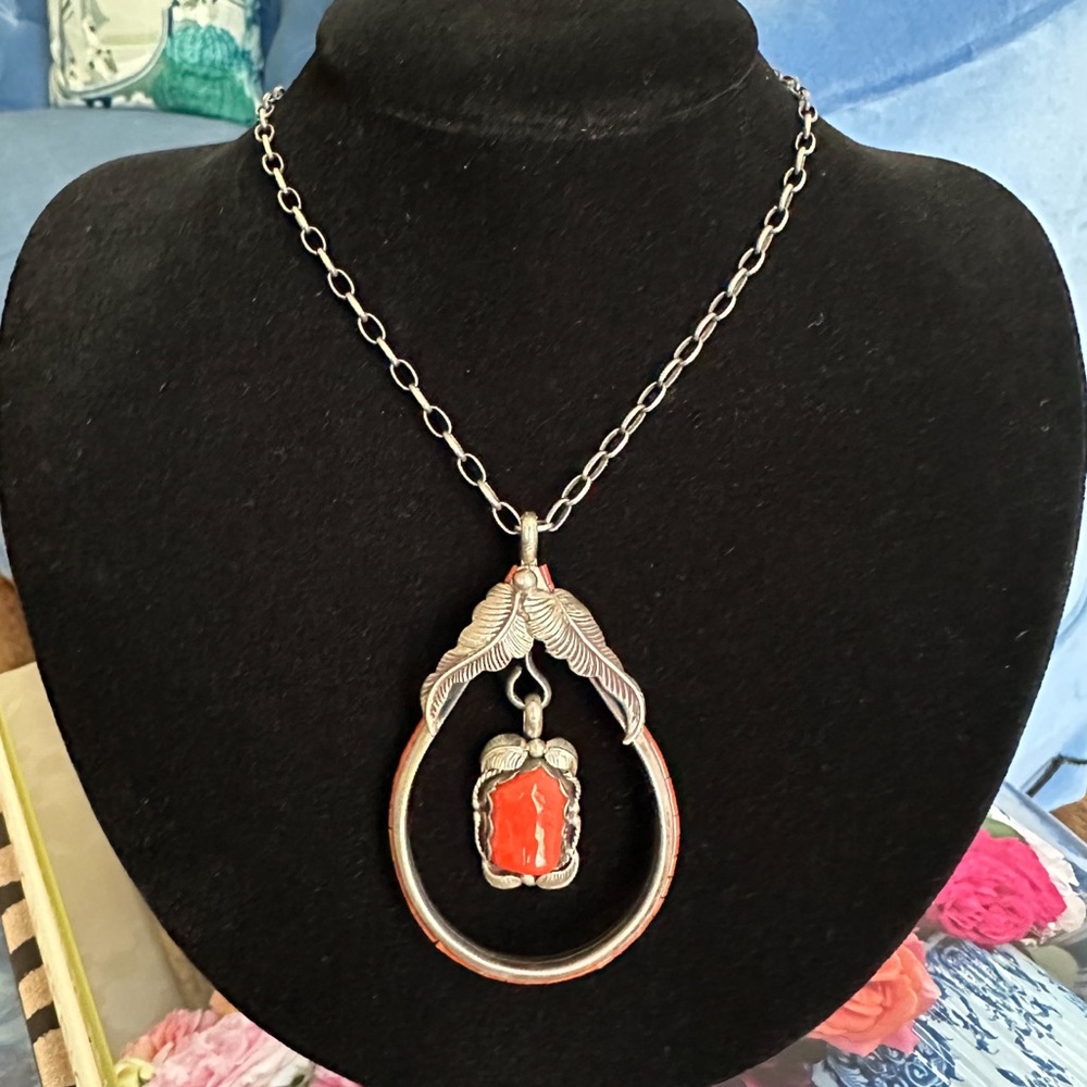 Vintage Les Baker Signed Massive Coral Pendant Necklace Sterling Silver Old Pawn
